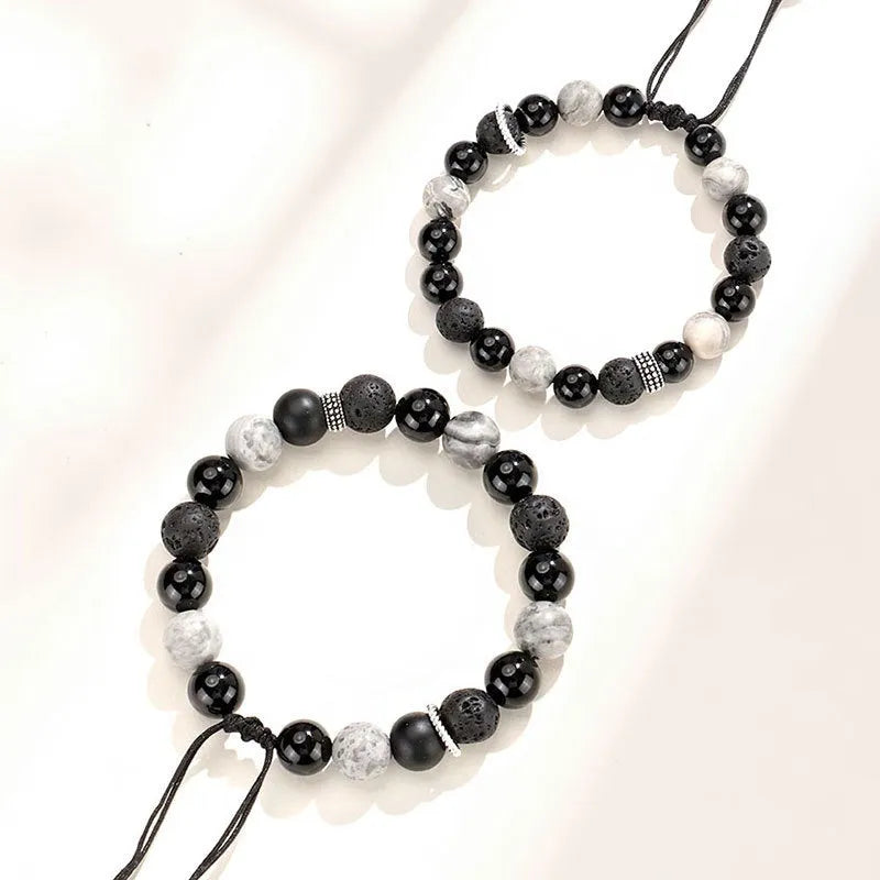 Black agate map stone volcanic rock bracelet with diamond shape elements, 10mm and 8mm sizes