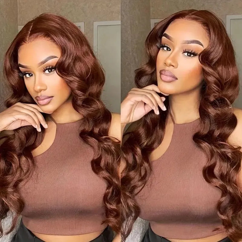 Long curly dark brown synthetic lace front wig with side fringe laid flat