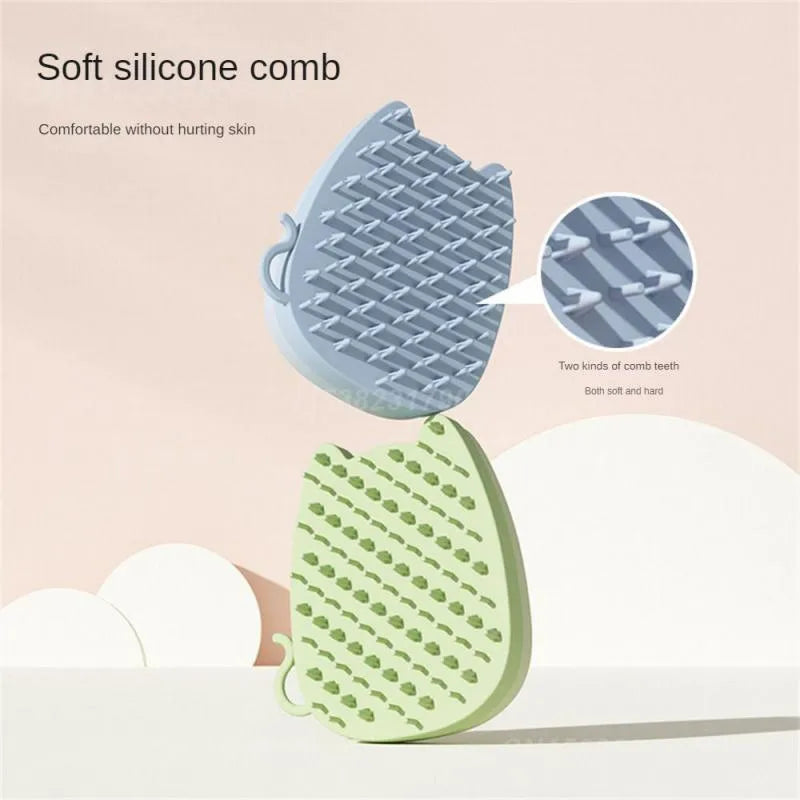 Blue silicone pet grooming comb with dual texture bristles for cat and dog hair removal