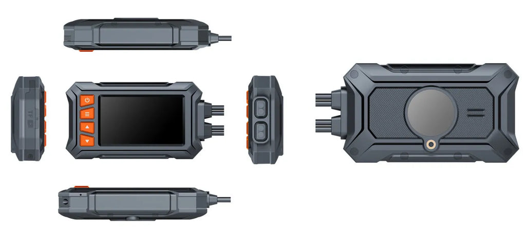 Motorcycle dual lens GPS tachograph recorder unit with front and rear cameras and handlebar mount