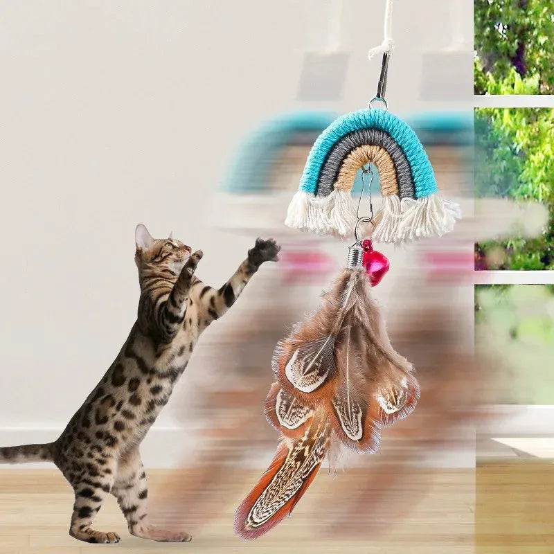 Feather cat rope door hanging toy with elastic swing and sticky buckle clamp in rainbow colours