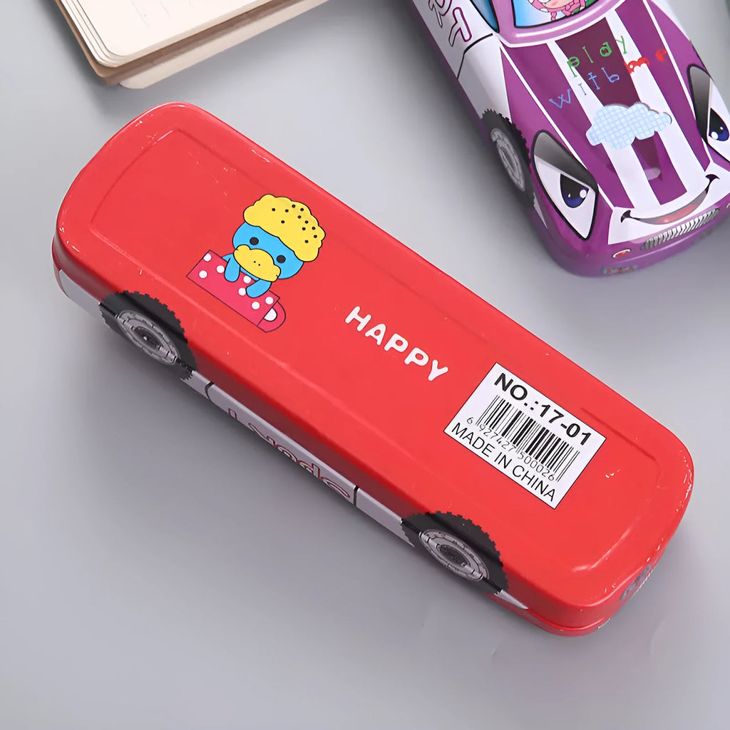 Tinplate double-layer racing car shaped stationery box with cartoon pattern on metal surface
