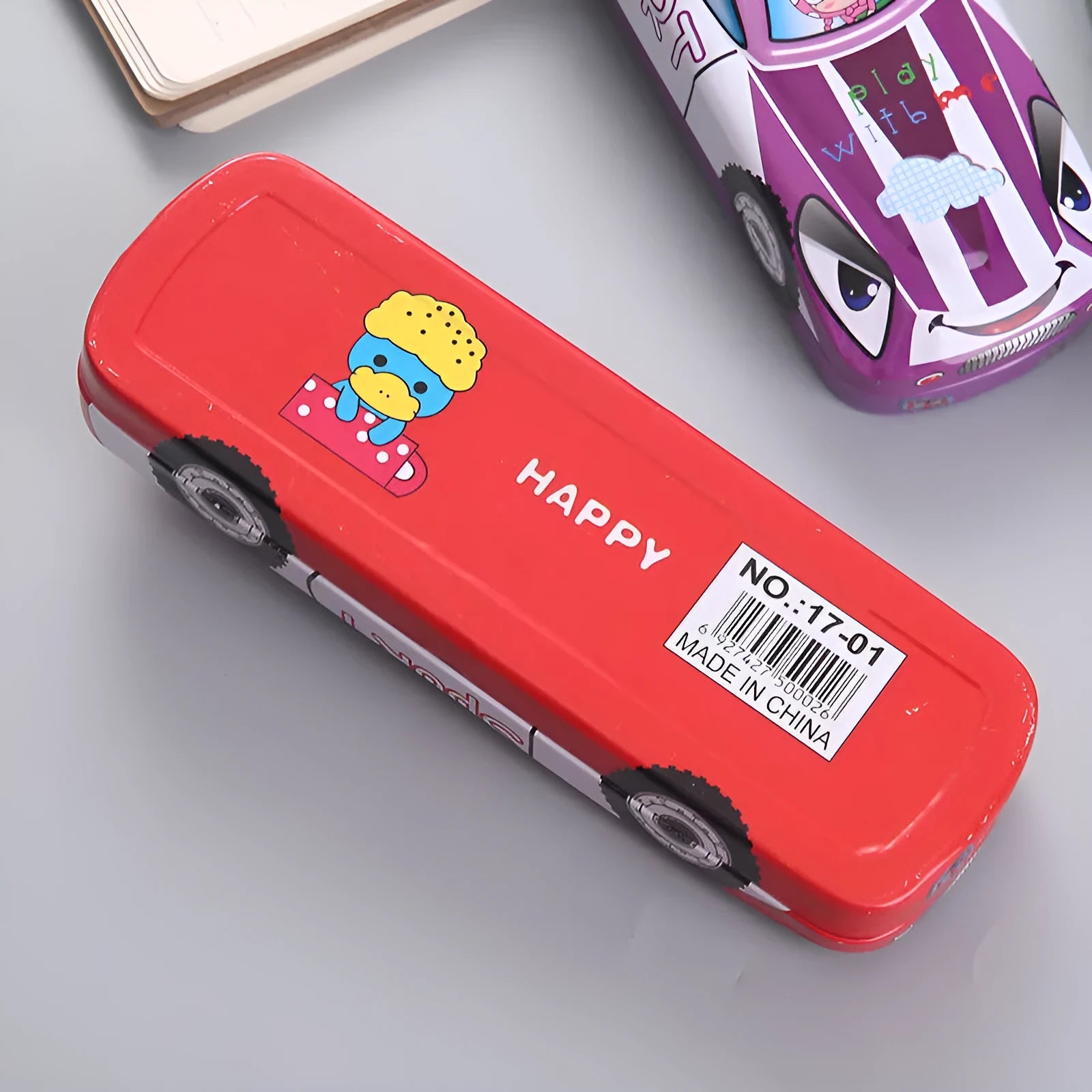 Tinplate double-layer racing car shaped stationery box with cartoon pattern on metal surface