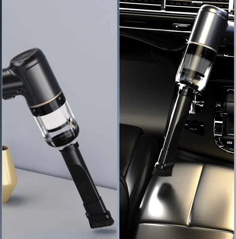 Black wireless handheld car vacuum cleaner with multiple nozzle attachments on display