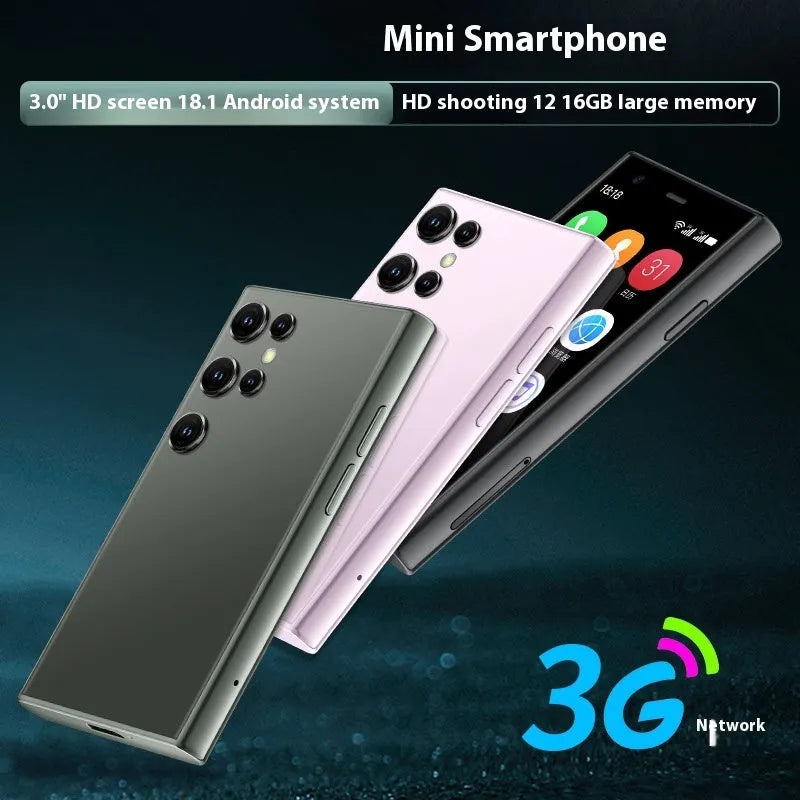 S23PRO XS15 mini smartphone in Black, Green and Pink Purple colours showing straight plate design