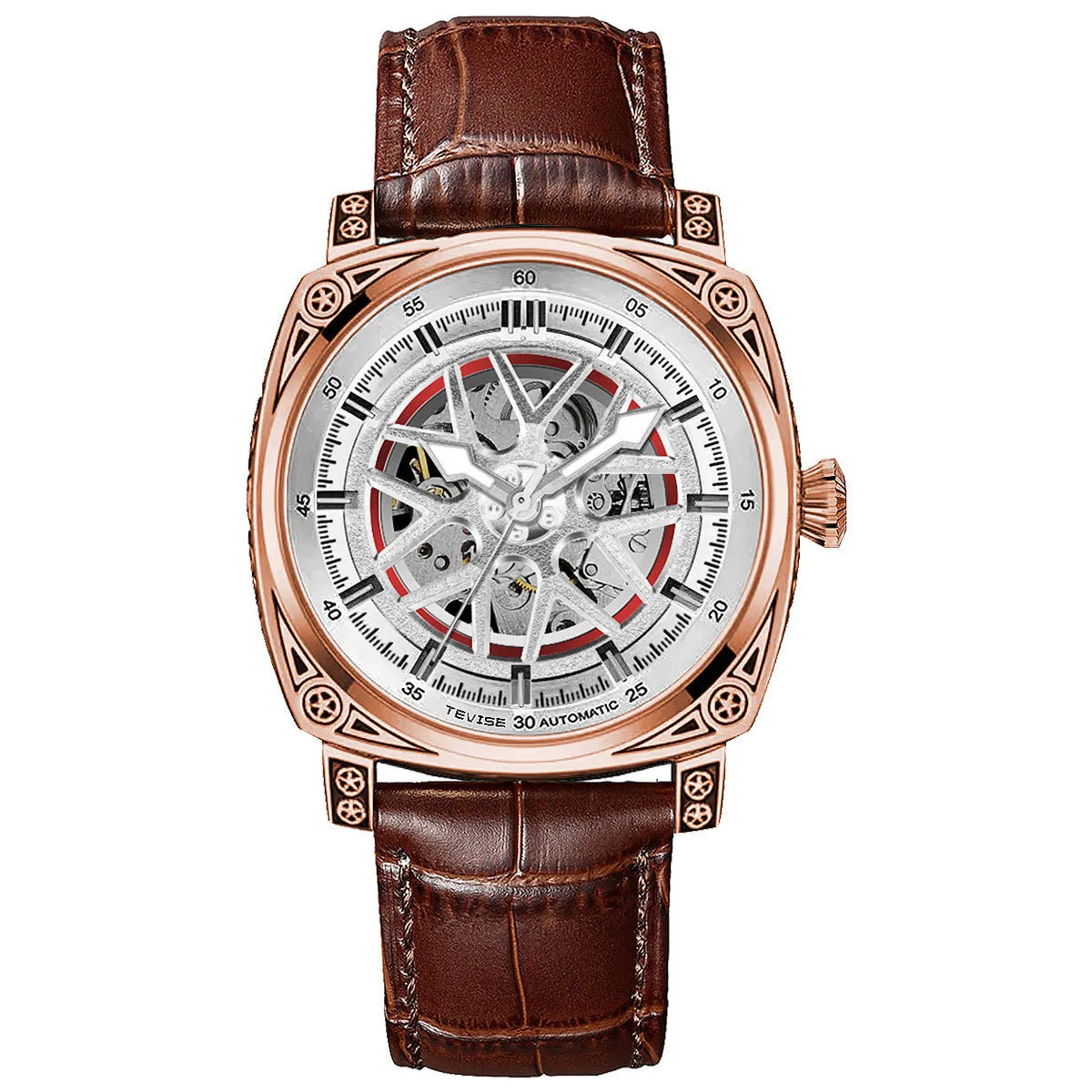 Men's automatic watch with stainless steel case and blue leather strap