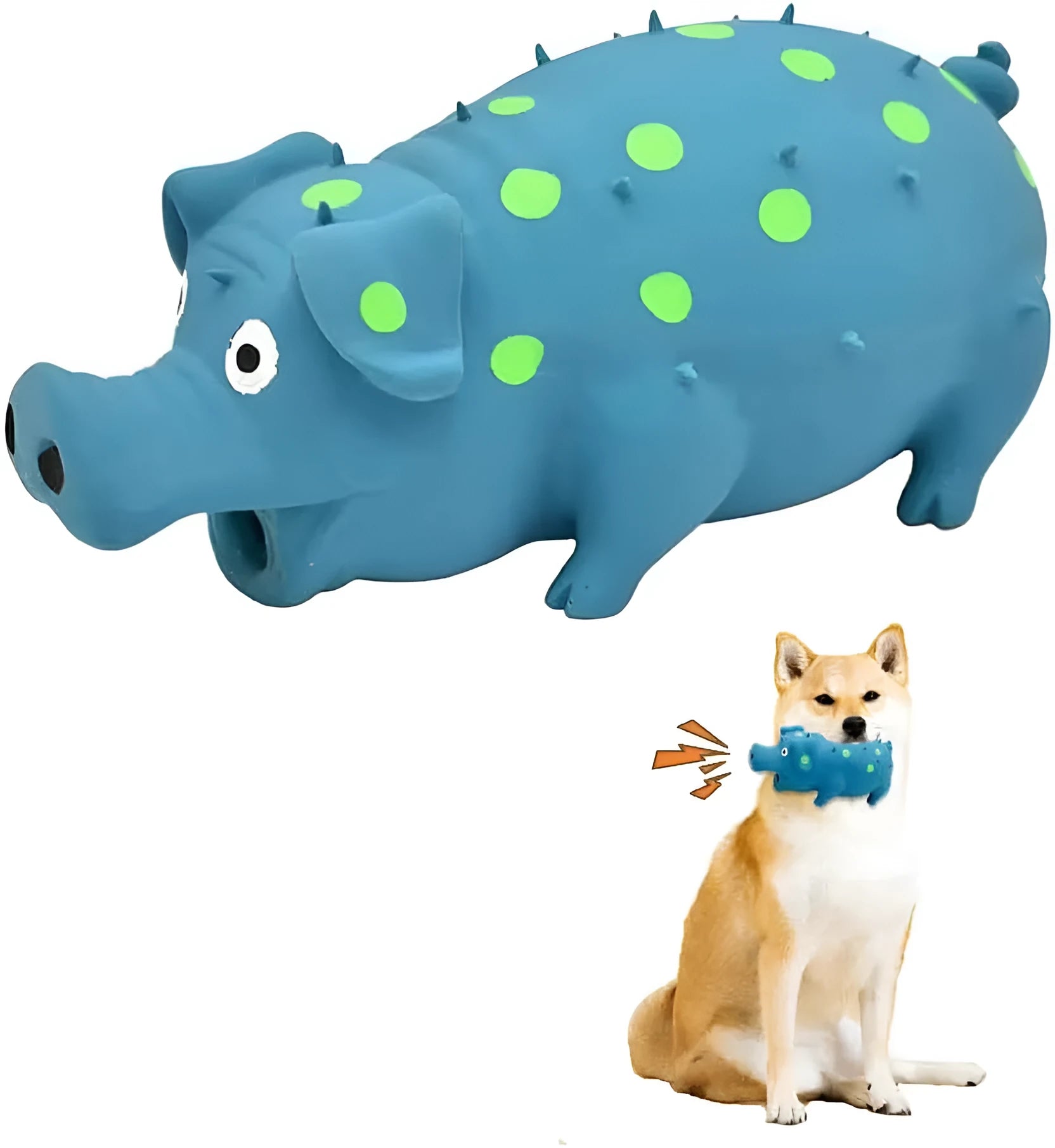 Blue latex pig-shaped squeaky dog chew toy with textured surface for teeth cleaning