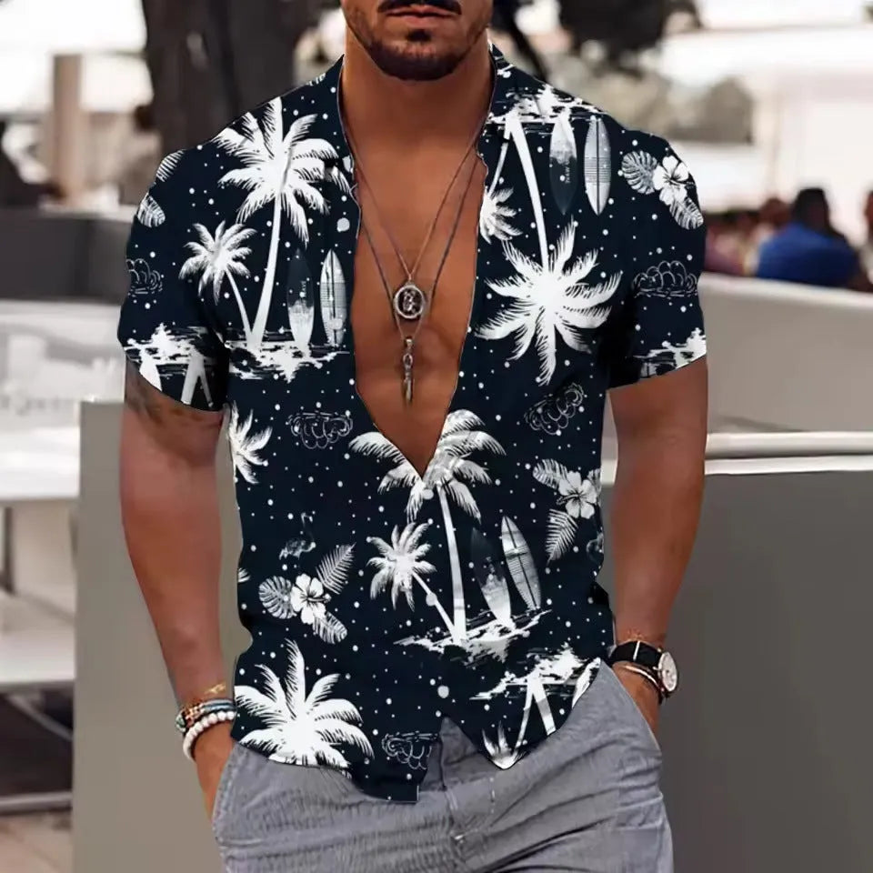 Men's loose fit floral print beach shirt in polyester, short sleeves, cardigan style.