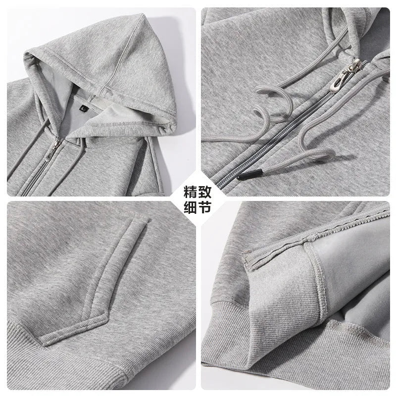 Men's beige heavyweight zip-front hooded cardigan sweater on a hanger.