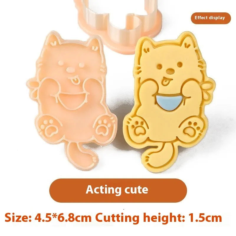 Plastic 3D cartoon puppy biscuit mould showing seven style variations including birthday hat and swimming ring designs