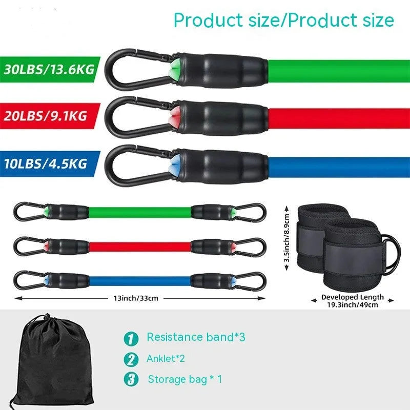 TPE yoga resistance band set with three different pound ratings and foot loops for adult fitness