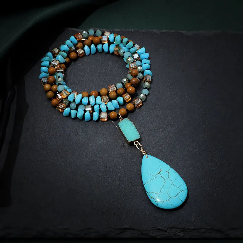 Turquoise water drop pendant necklace with mixed gem inlaid design and ball bead chain