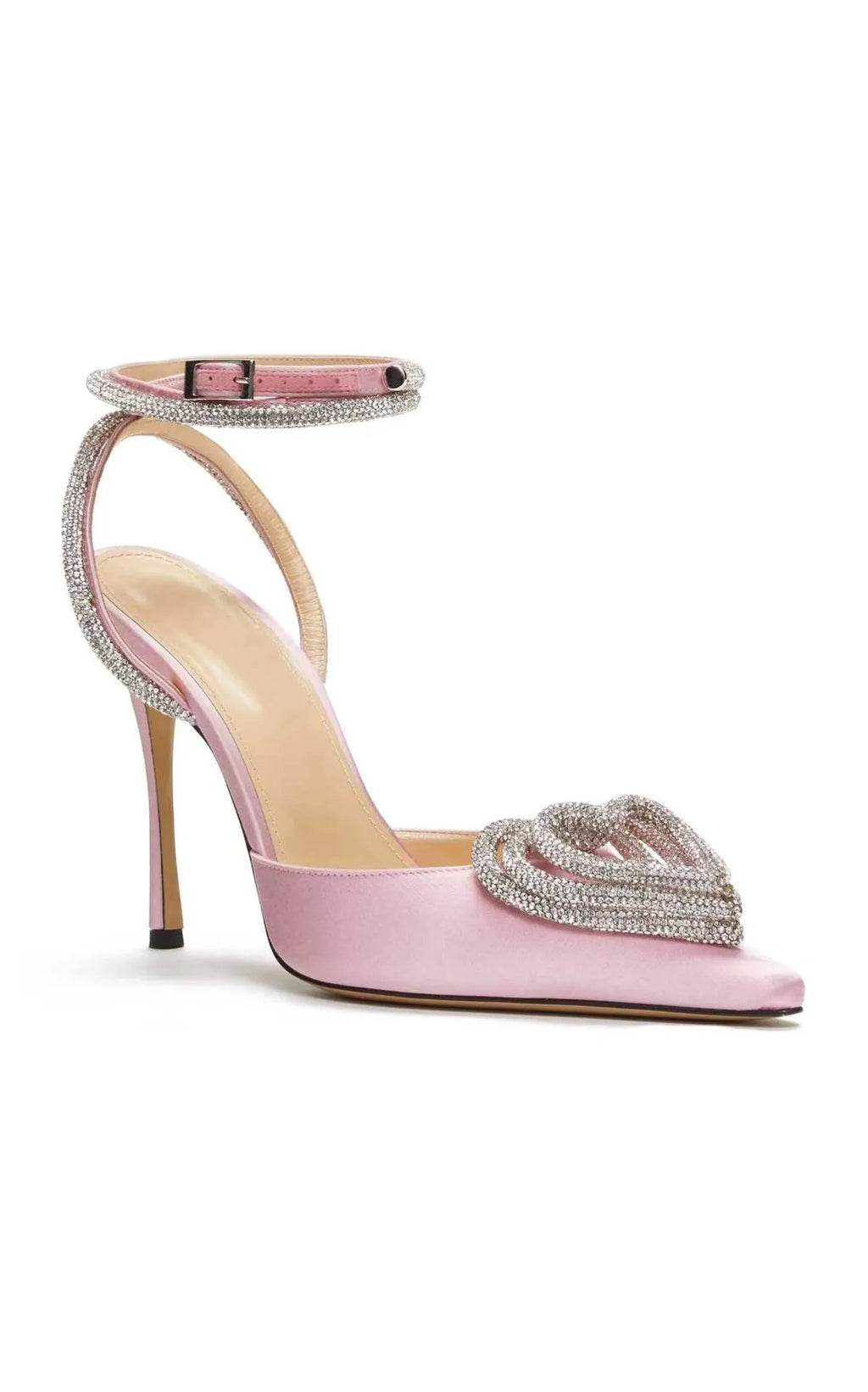 Women's pointed toe sandals with satin uppers, rhinestone details and adjustable cross-belt ankle wrap