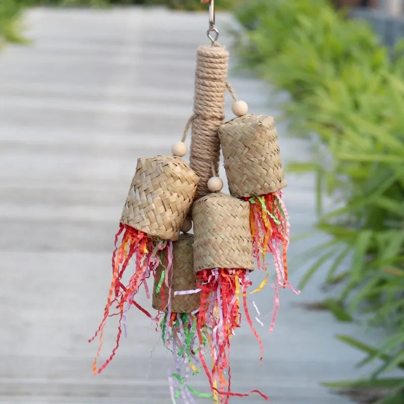 Wood and sisal shredded paper bird toy for parrots with colourful paper strips