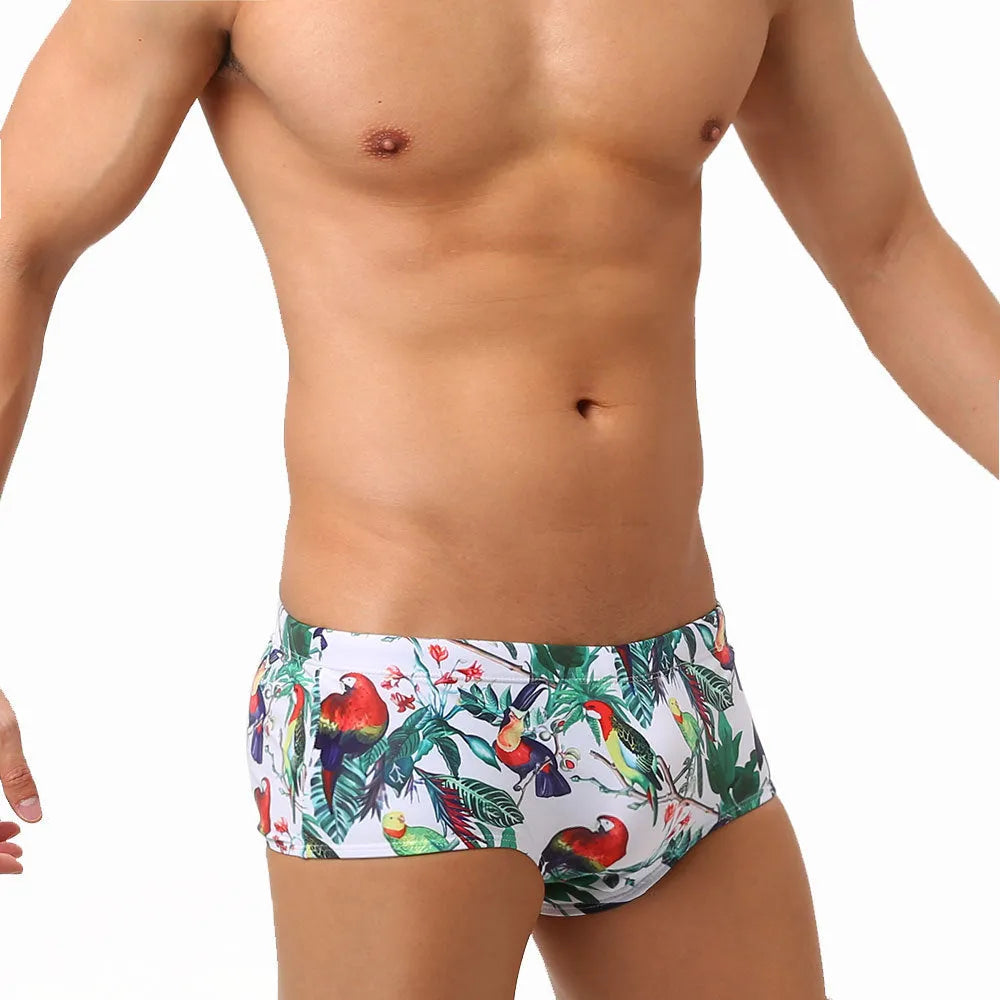 Men's flower and bird print swimming trunks in nylon boxer brief style