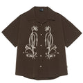 Brown striped Cuban collar short sleeve polyester shirt for outdoor casual wear
