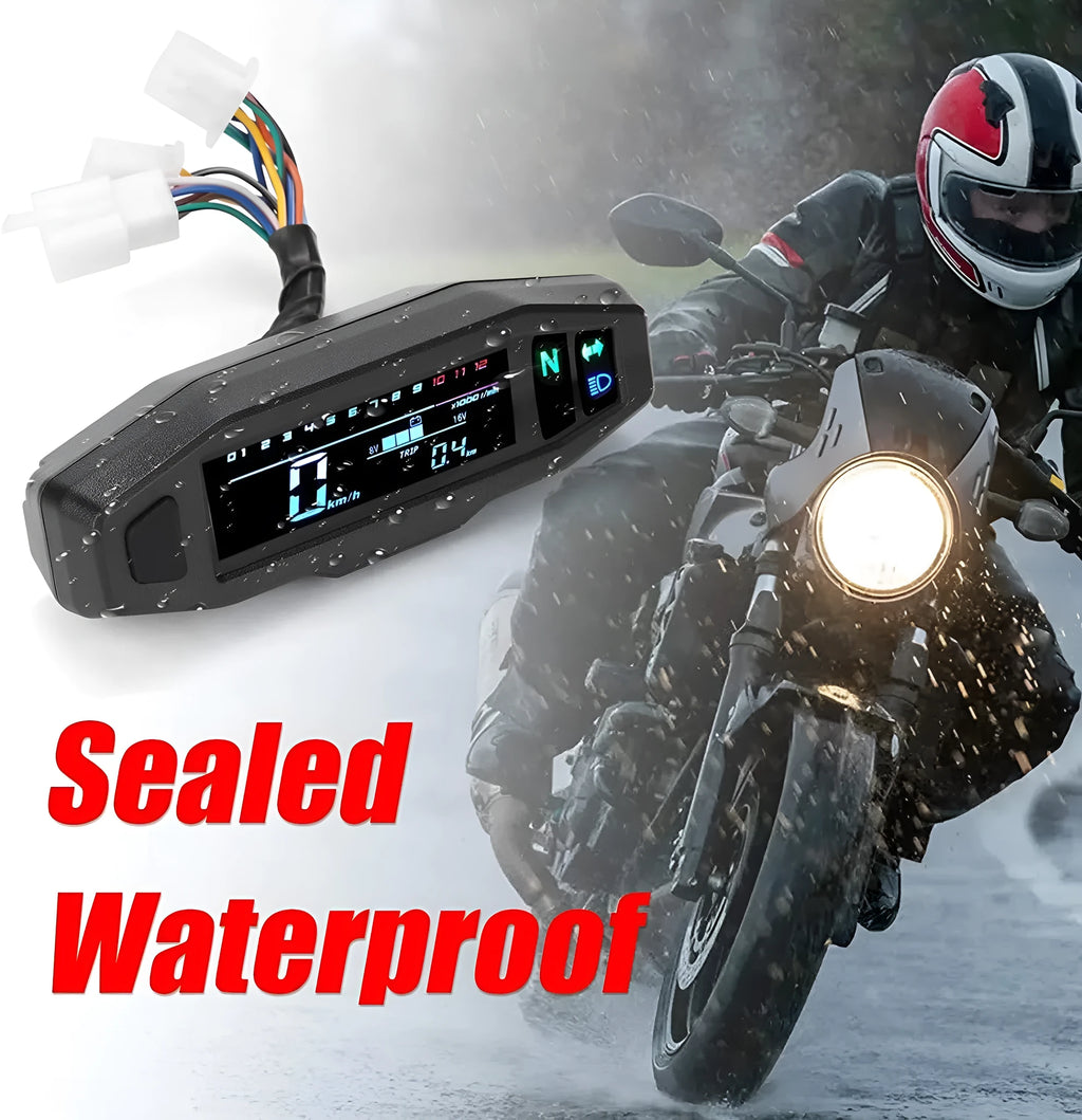 Black mini motorcycle LCD speedometer and oil gauge showing digital display on a 141mm by 45mm unit.
