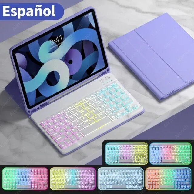 iPad protective leather case with built-in RGB backlit Bluetooth keyboard and stand in black colour