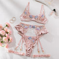 Light purple satin four-piece lingerie set shown alongside champagne colour option.