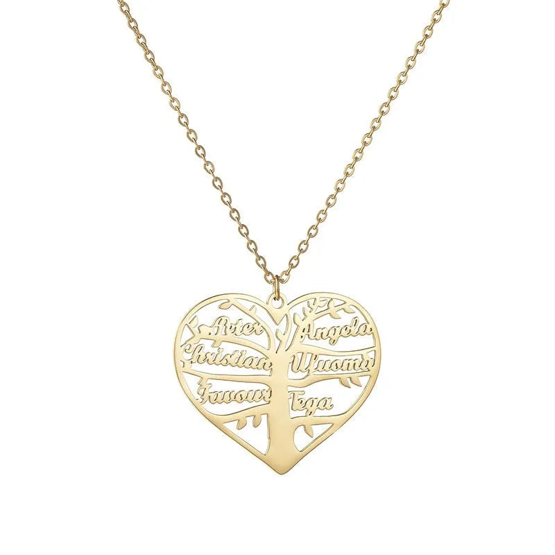 Personalised women's stainless steel necklace with a hollow heart and tree pendant engraved with names, shown on a model.