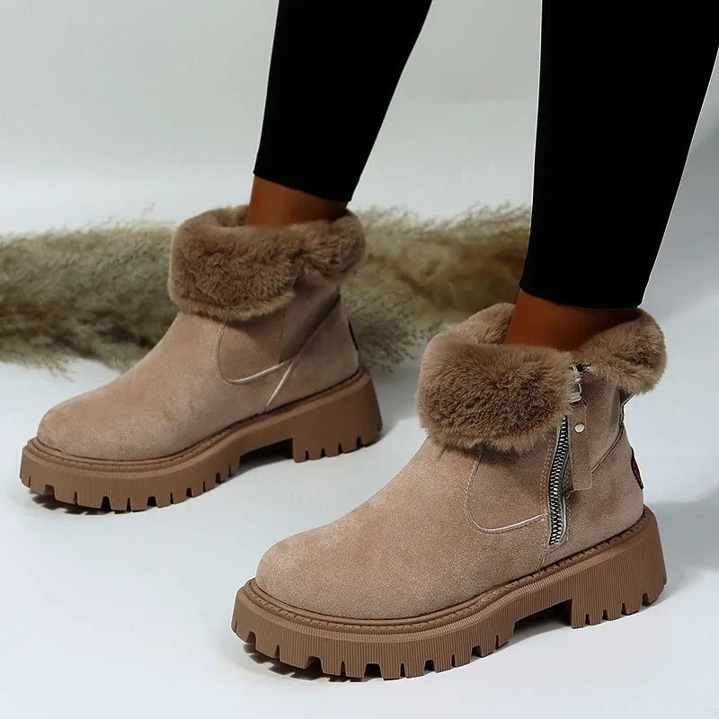 Women's black thick plush snow boots with side zipper and high top design.