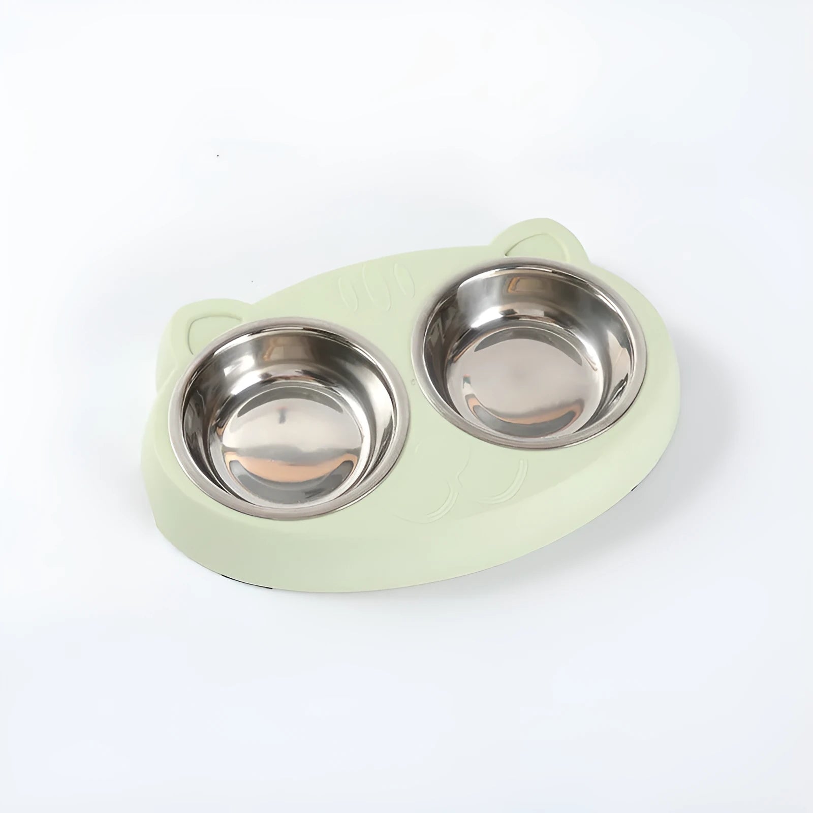 Blue macaron-shaped plastic pet feeder tray with two bowls for food and water.