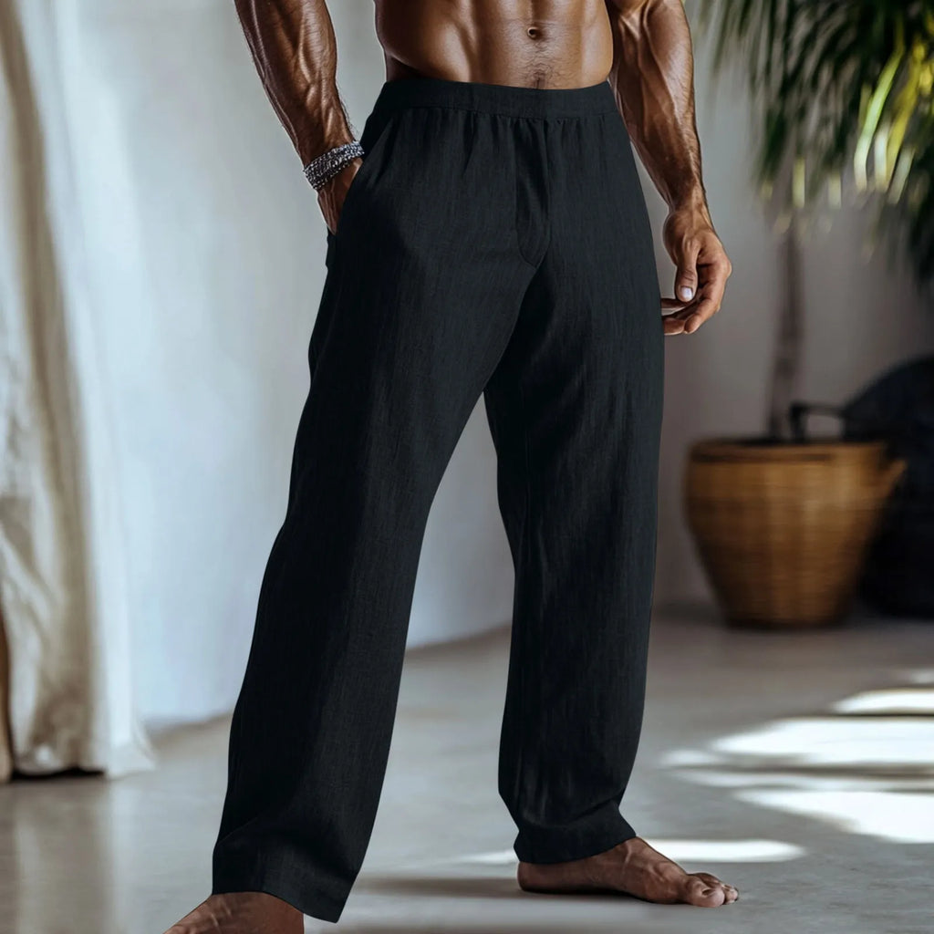 Cotton linen straight-leg trousers in British style with pockets