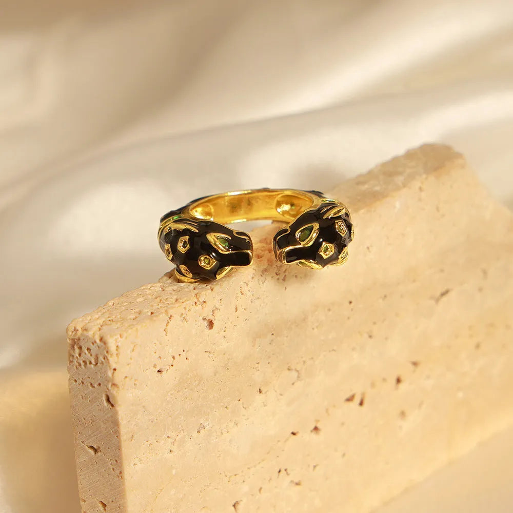 Women's black cheetah pattern open ring geometric design copper electroplated size 7