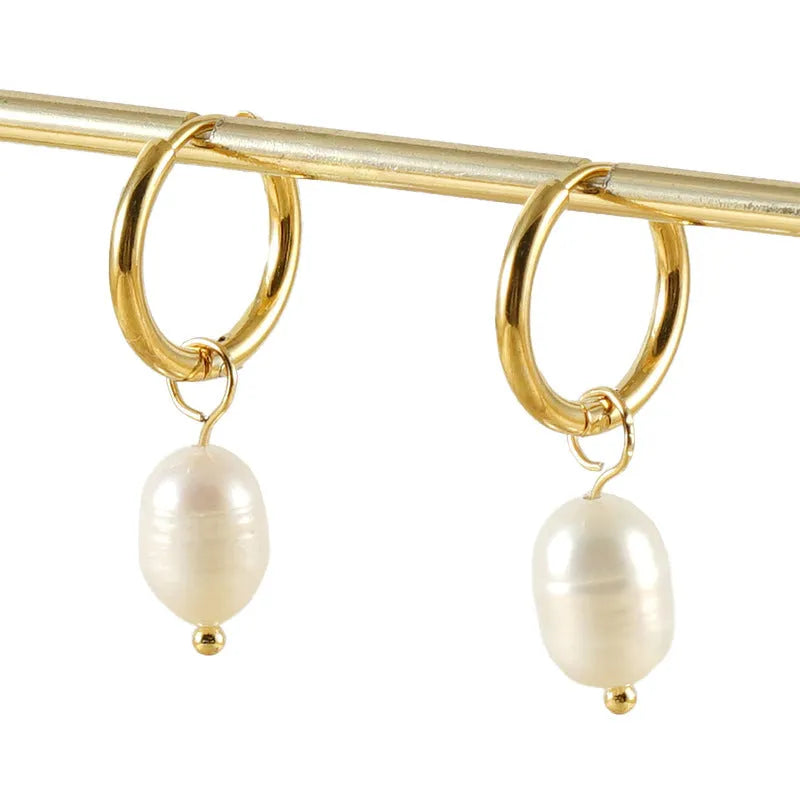 Gold geometric stainless steel earrings with pearl decorative elements for women