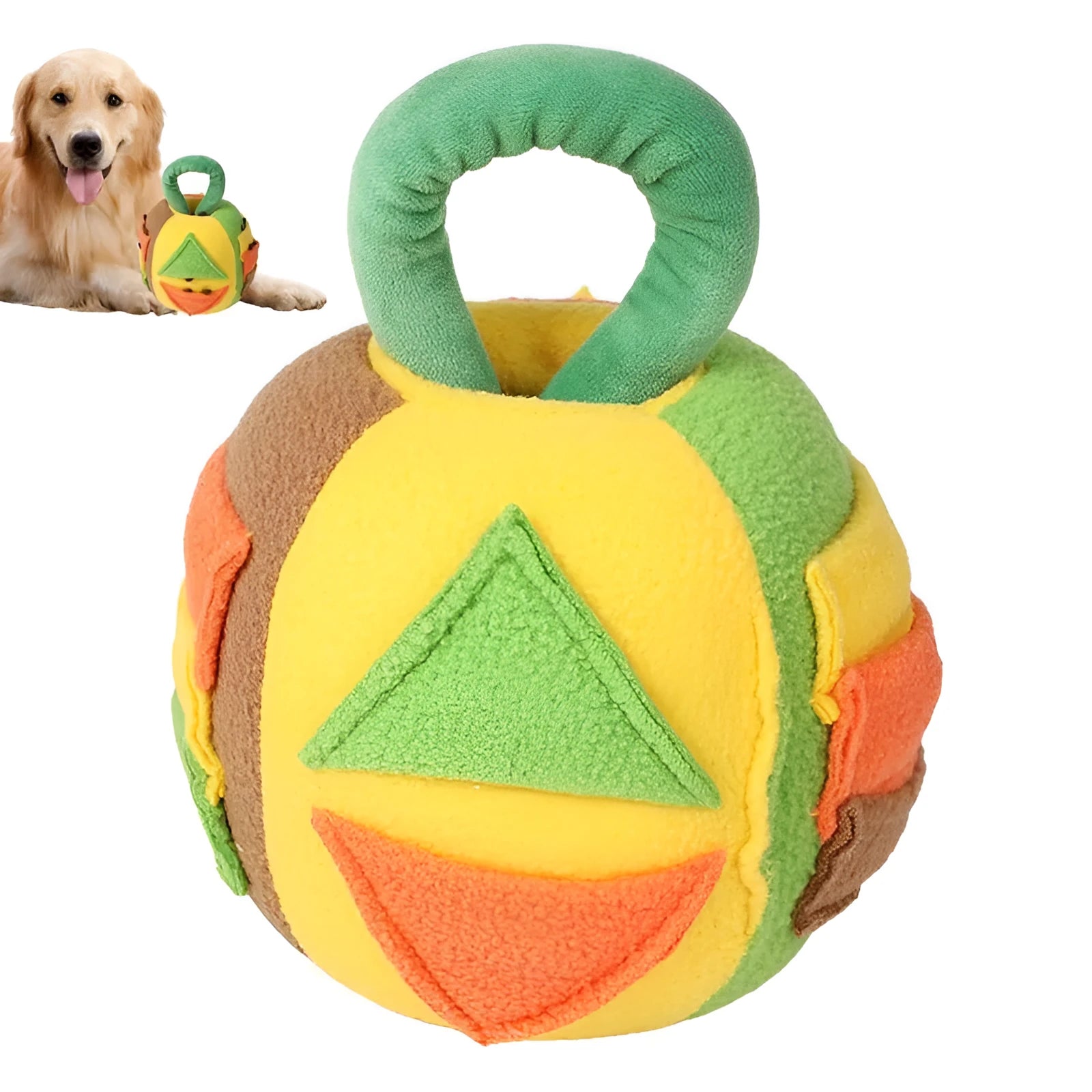 Green or pink polyester dog squeaky plush ball toy with treat pockets measuring 12x12x18cm