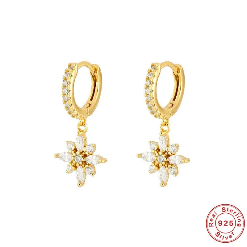 Sterling silver snowflake pendant earrings with gemstone accents in yellow gold or white gold colour options