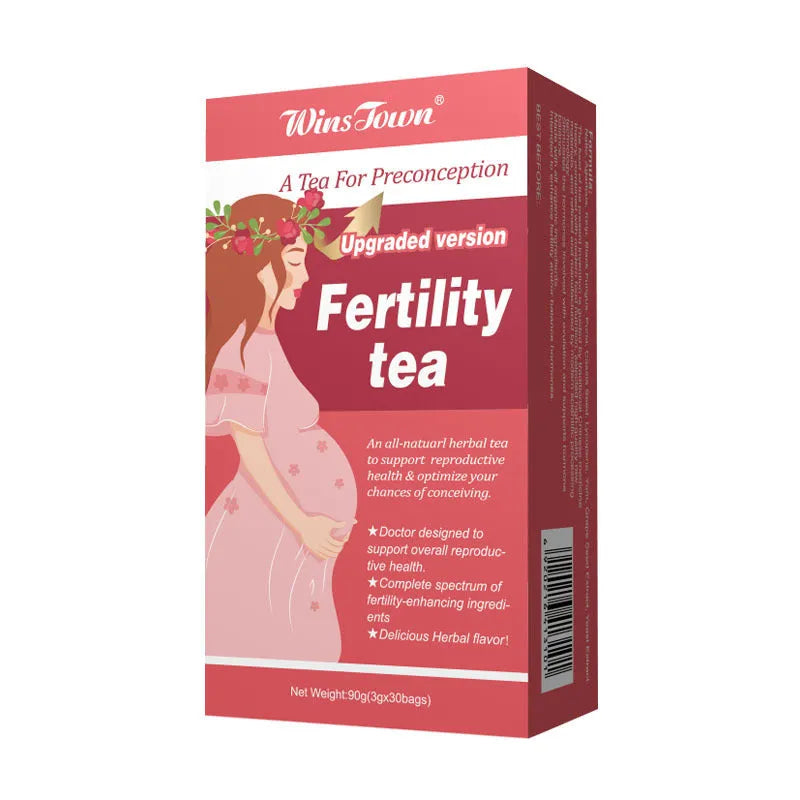 Box of fertility tea showing 3x30 bag pack configuration for herbal reproductive wellness support
