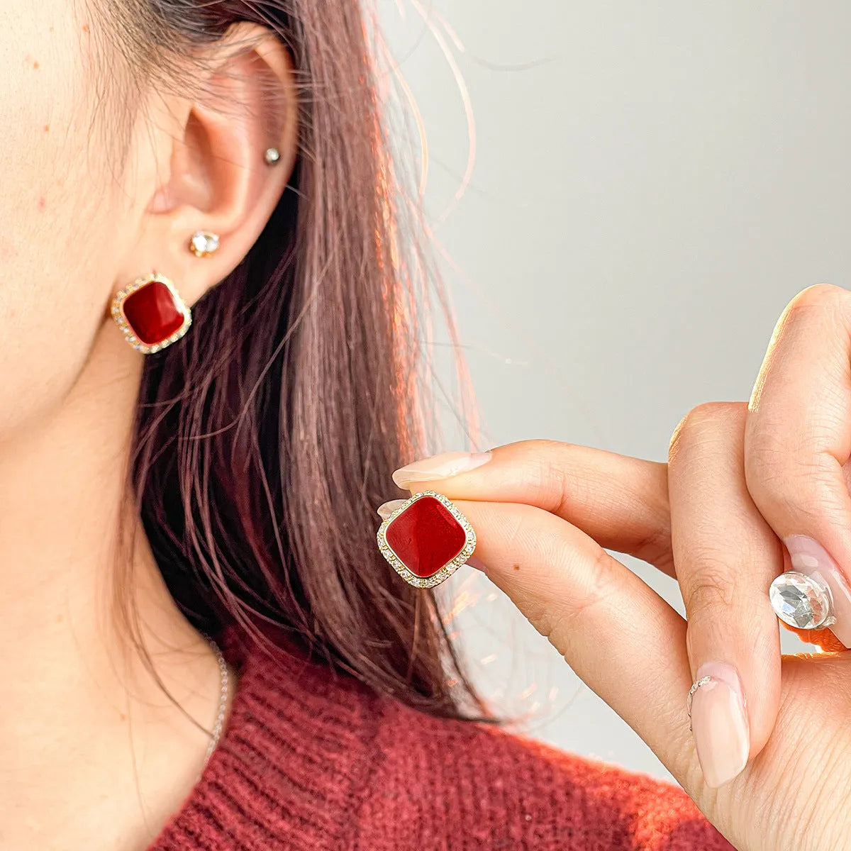 Geometric square alloy earrings with retro red colour for women
