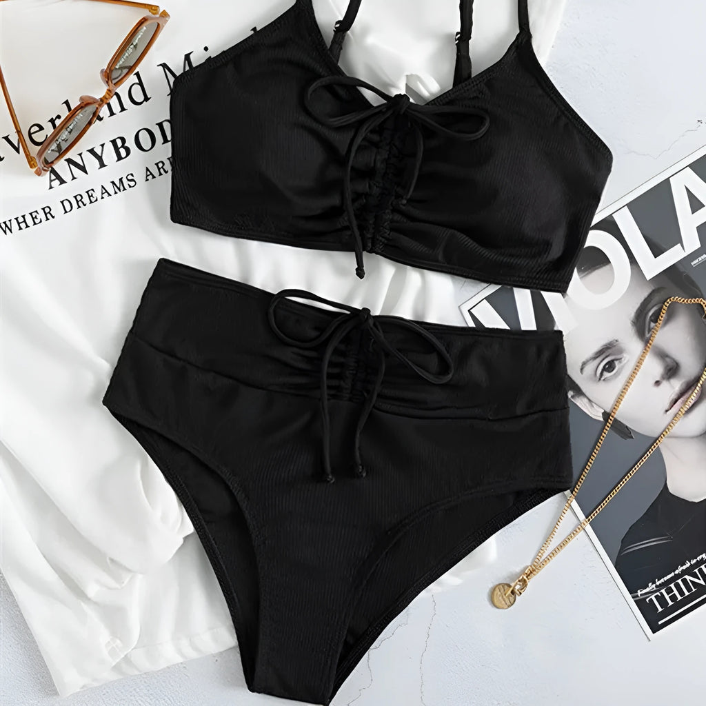 Black women's high waist bikini swimsuit with sling-split design and sleeveless top
