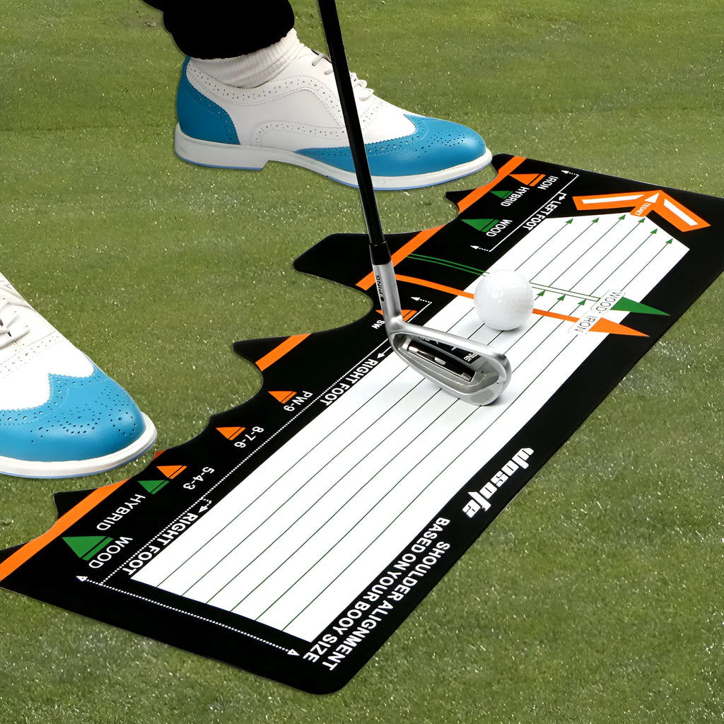 Black neoprene golf swing posture training pad on a green surface
