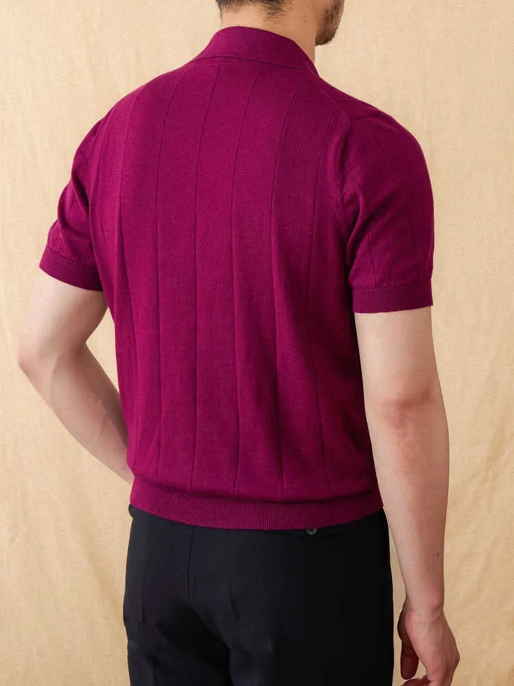 Short sleeve polo top with seagull collar in a textured sunken stripe knit, shown in purple.