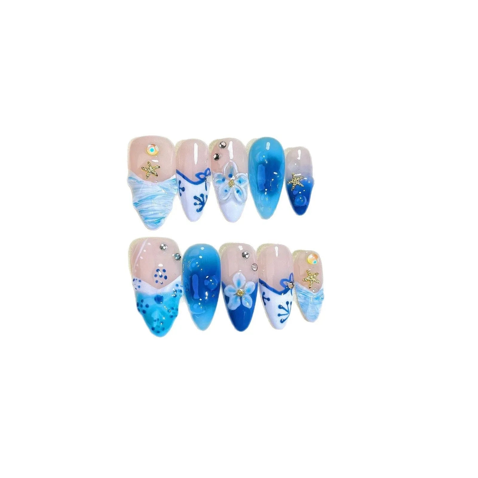 Blue hand-painted carved fake nails on transparent base with four size options