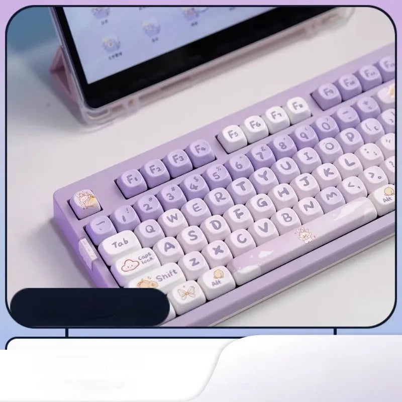 Gradient purple PBT keycap set with rabbit artwork for mechanical keyboard customisation.