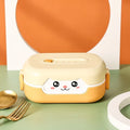 Square plastic cartoon lunch box with divided compartments in dark blue, orange yellow, or pink and green colours