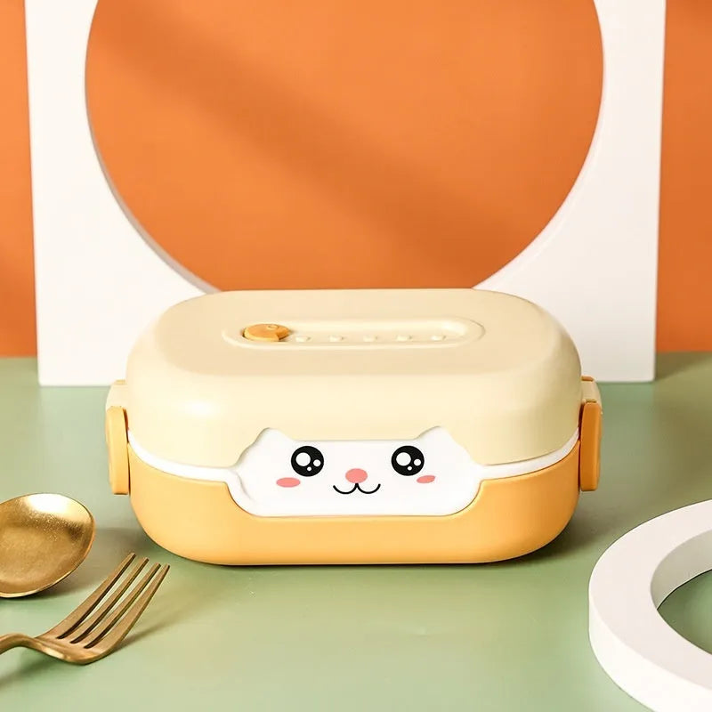 Square plastic cartoon lunch box with divided compartments in dark blue, orange yellow, or pink and green colours