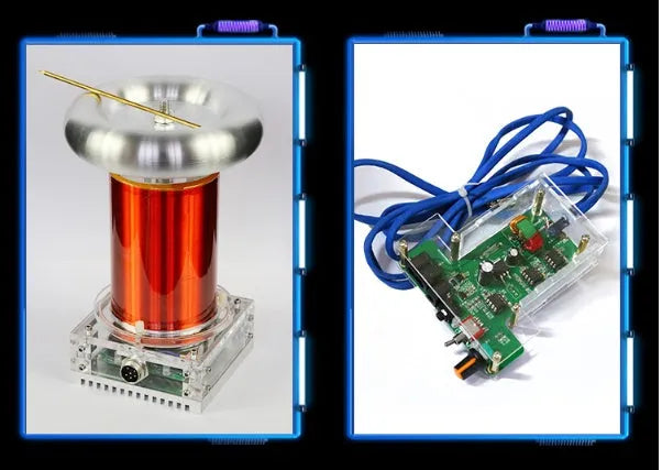 220V Tesla coil driver board with controller generating musical plasma arcs for demonstrations