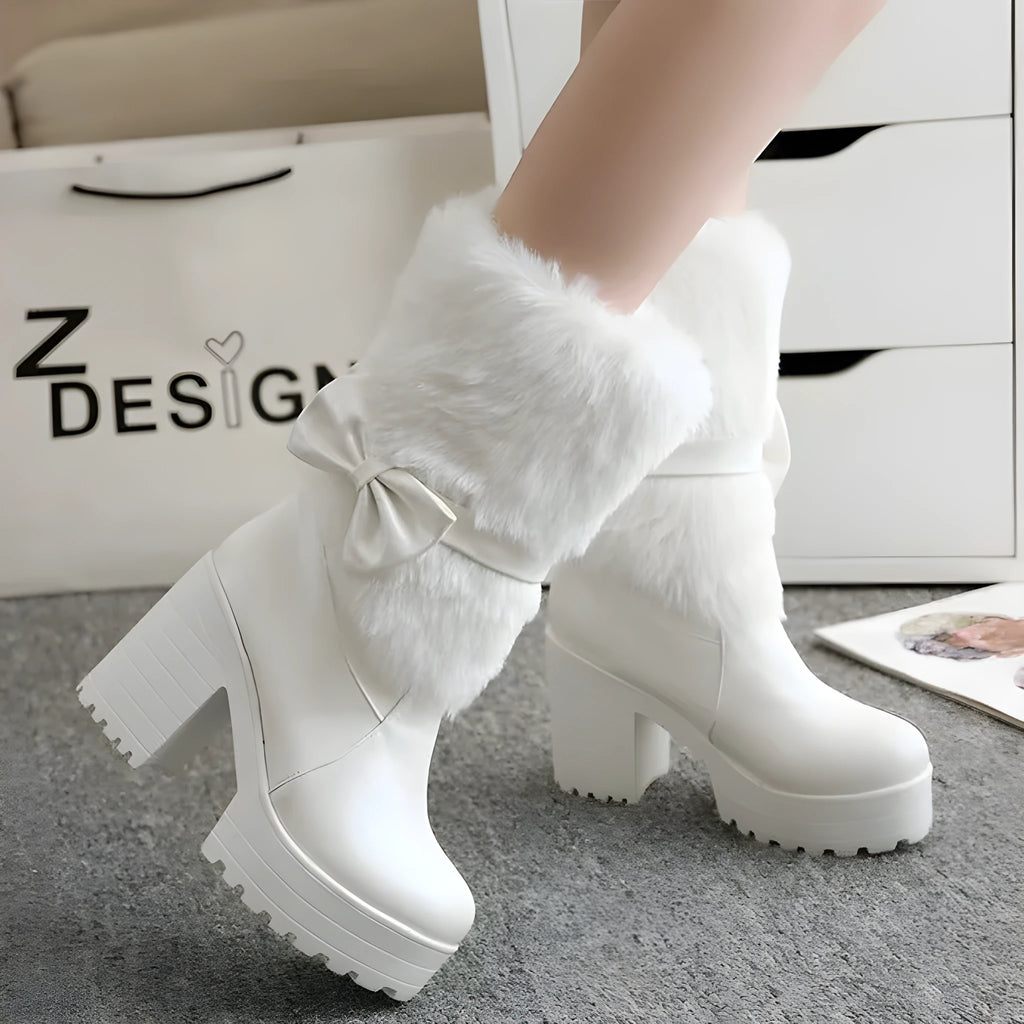 Women's thick heel snow sweet bow boots in beige with chunky heel, waterproof platform, and bow detail on artificial PU upper