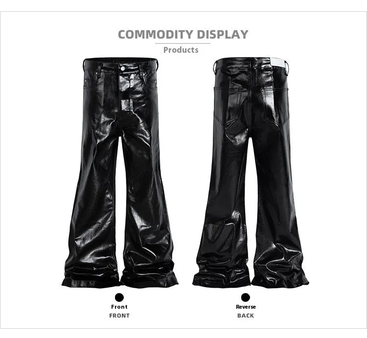Black straight-leg skinny jeans with a shiny patent leather finish and a mid waist.