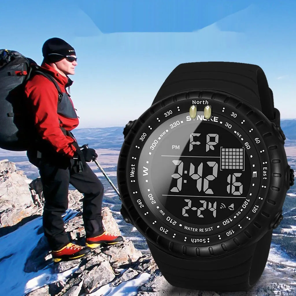 Men's black waterproof electronic watch with plastic case and adjustable PU strap
