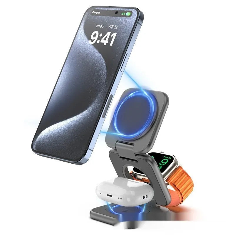 White foldable magnetic wireless charger phone holder showing compact size and charging indicator light.
