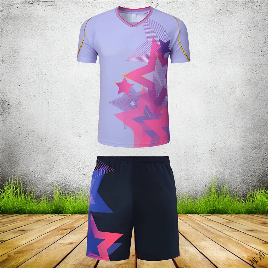 Badminton competition sportswear set in blue and purple colours with short-sleeved top and trousers