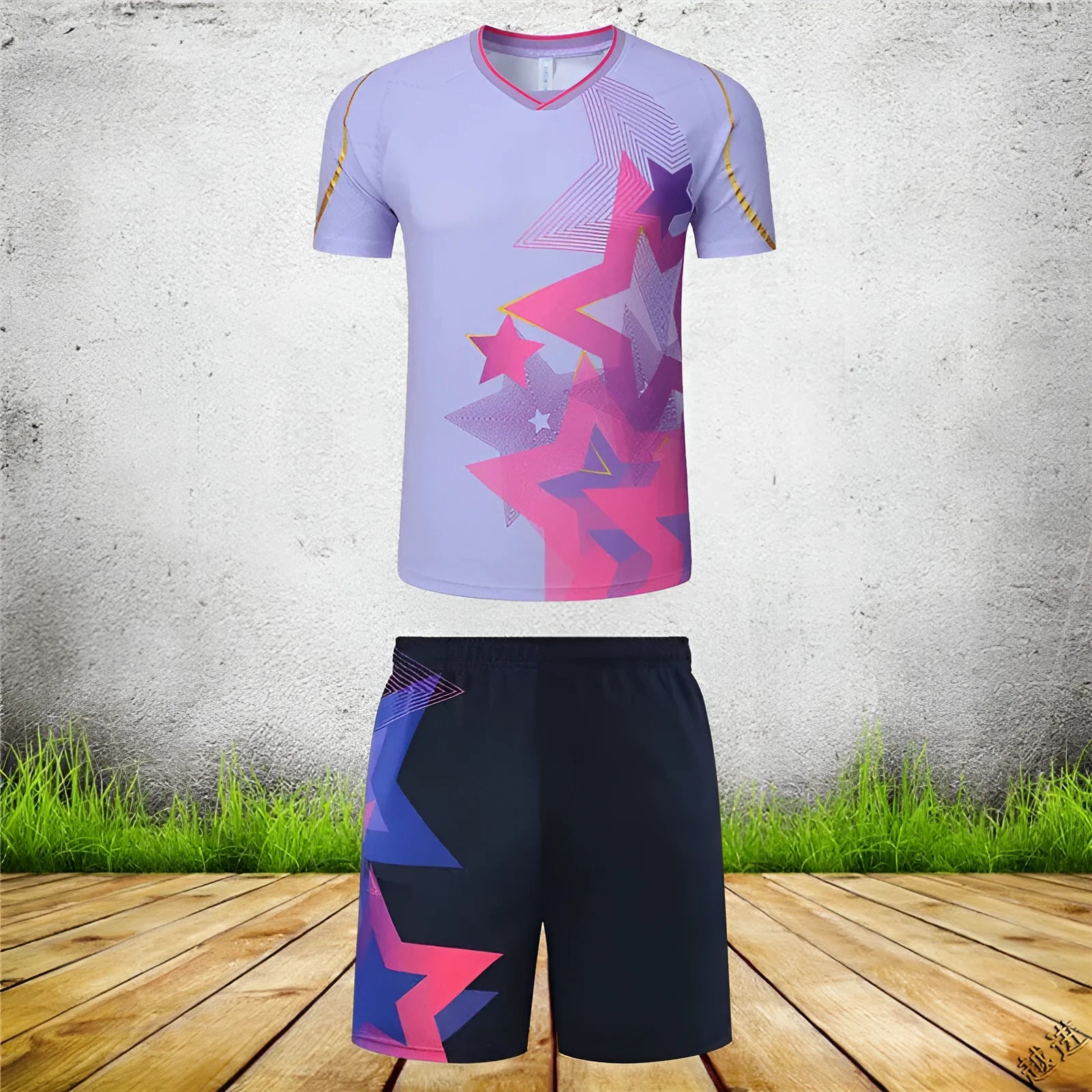 Badminton competition sportswear set in blue and purple colours with short-sleeved top and trousers