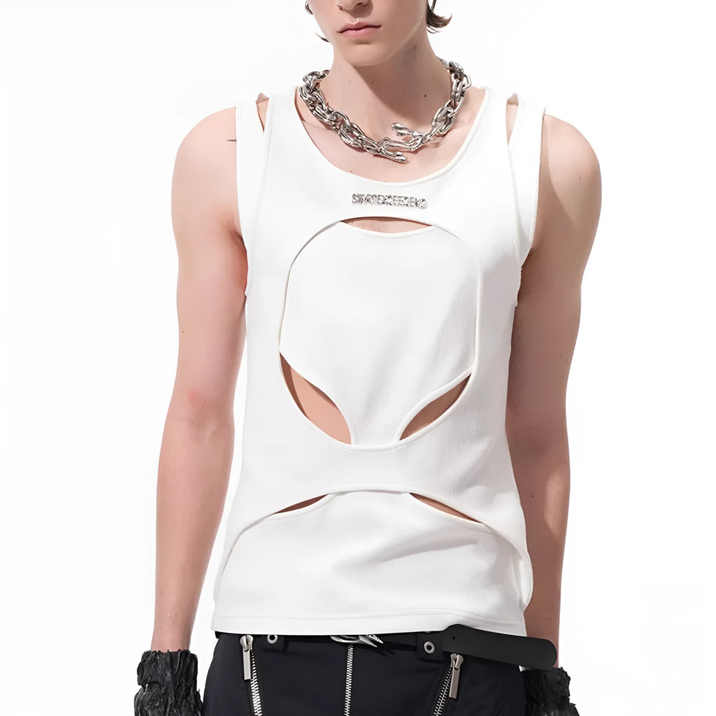 Men's black sleeveless waistcoat with round collar and pullover design
