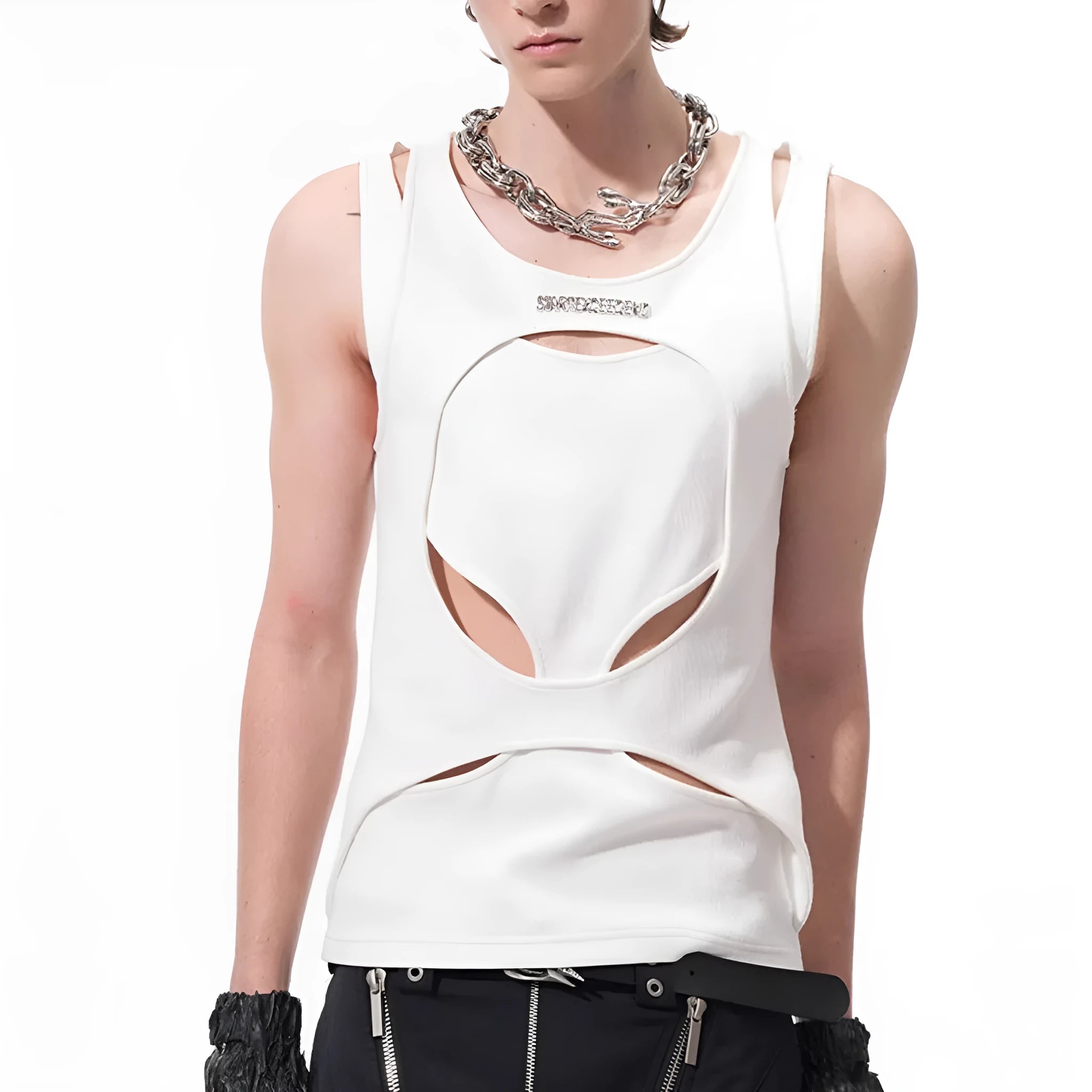 Men's black sleeveless waistcoat with round collar and pullover design