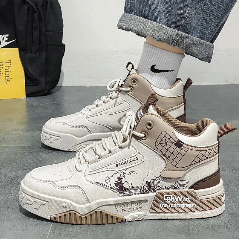 Men's high-top casual board shoes in beige, white, and blue colour options showing lace-up design
